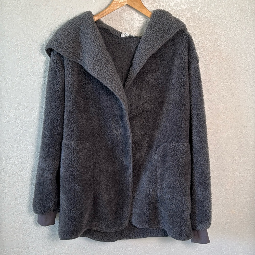 eesome Grey Sherpa Teddy Fleece Hooded Open Front Cardigan Jacket Womens M/L